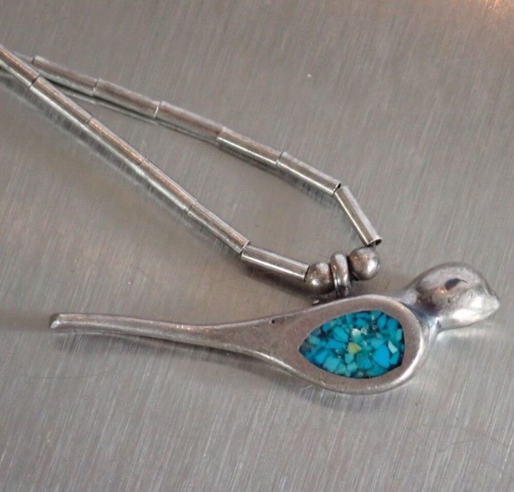 Zuni Native American Sterling Silver Turquoise Chip Bird Pendant Necklace 15" - Picture 12 of 16